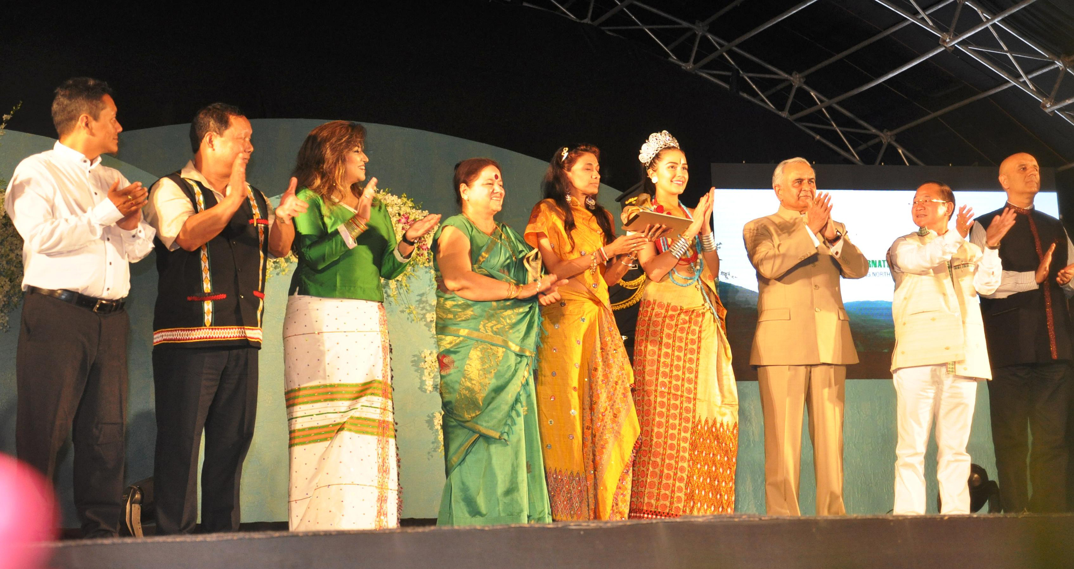 Governor Lt. Gen (Retd) Nirbhay Sharma and First lady of the State Smt. Jyotsna Sharma with Chief Minister Nabam Tuki, Miss Universe 2012 Miss Olivia Culpo and others at the  Curtain Raising Function of International Tourism Mart, Tawang at Indira Gandhi Park, Itanagar on 4th October 2013